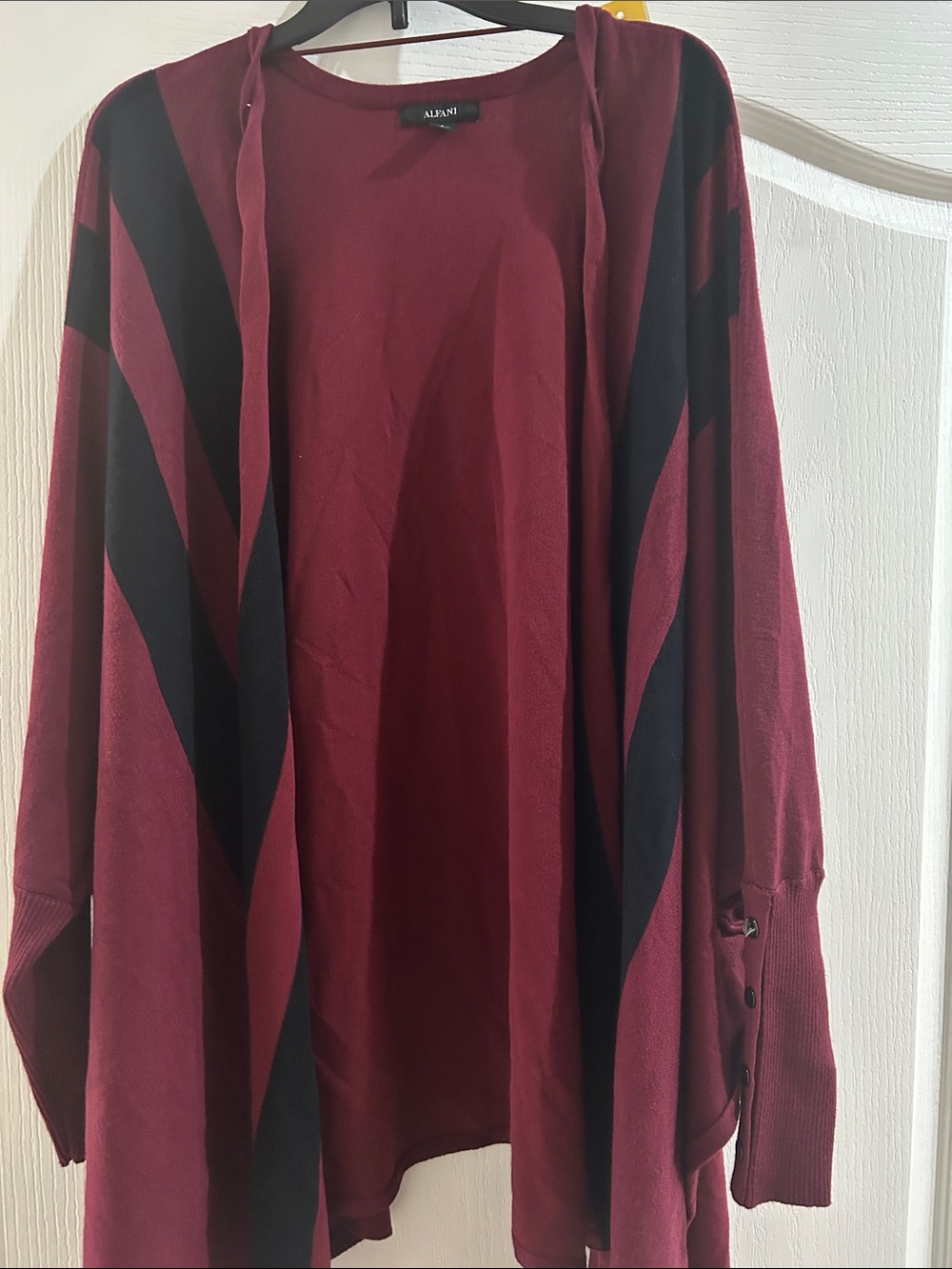 Alfani Burgundy and Black Hooded Open-Front Cardigan